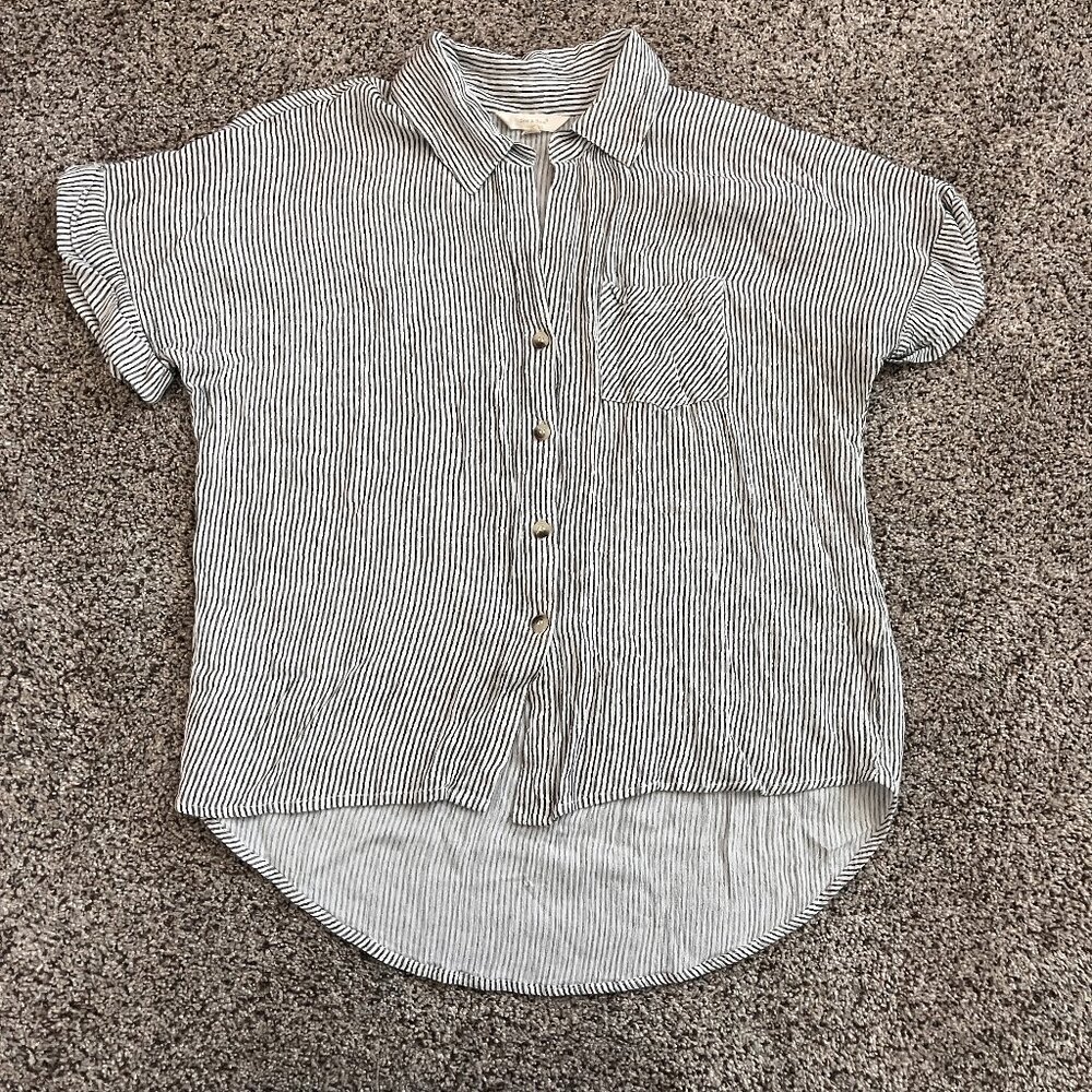 Sim & Sam Womens Button Up Gray and White Striped Blouse Size Small